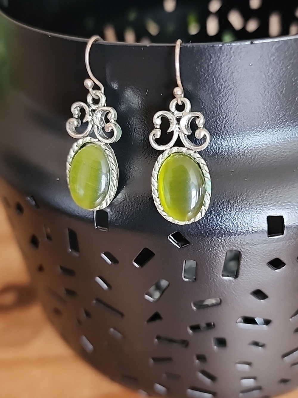 Green Glass Drop Earrings with Silver-Tone Filigree